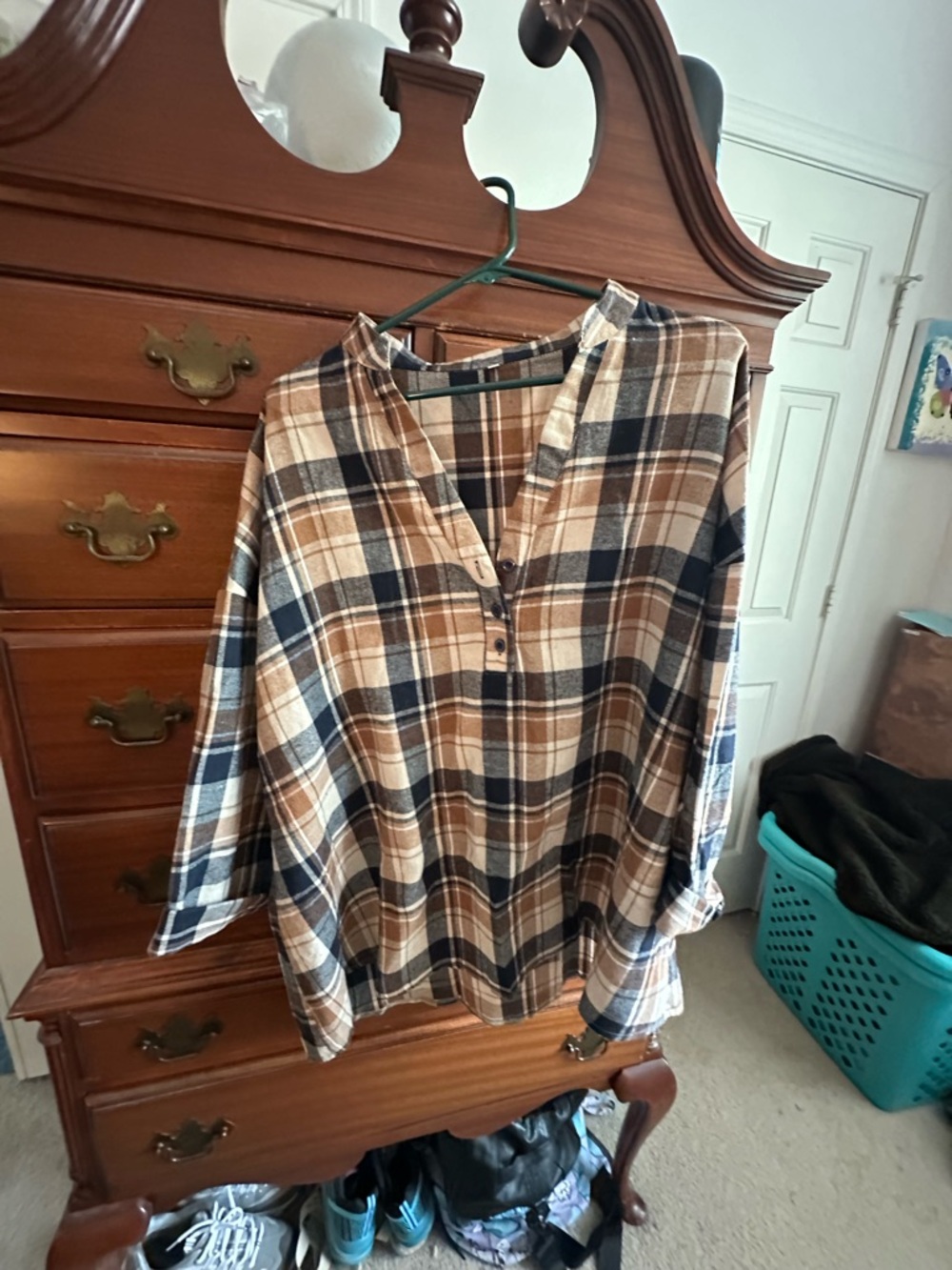 Casual Plaid Button Henley Blouse in Brown & Navy